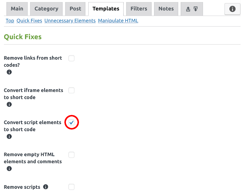 Check the checkbox of 'Convert script elements to short code' setting