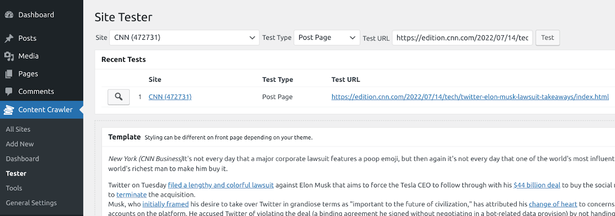 Test the site settings via the Tester page